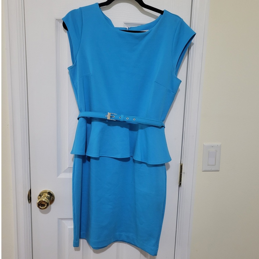 New York & Company Blue Peplum Belted Sheath Dress Cap Sleeve Size M